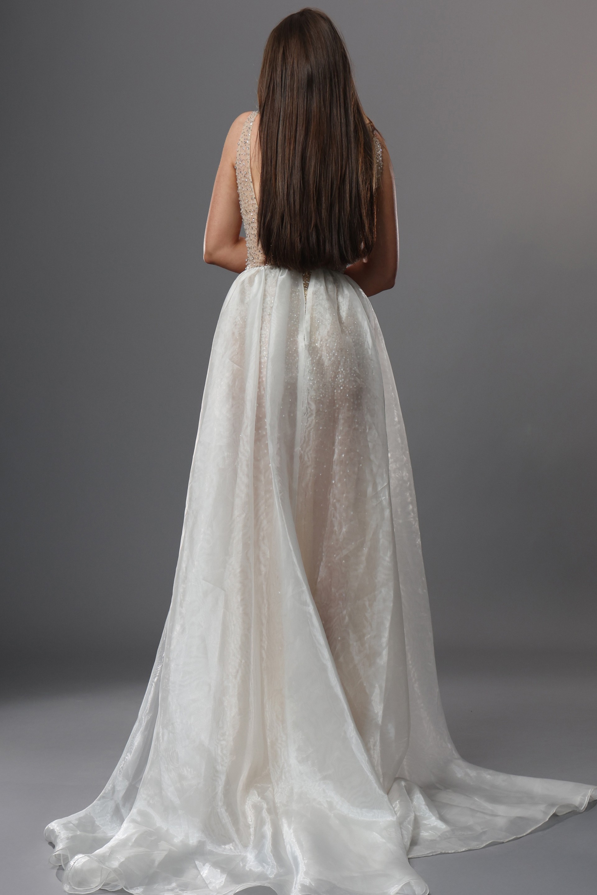 crystal embellished fitted evening gown with cape