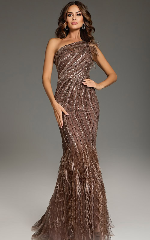 Model wearing Jovani 39170 brown gown with one-shoulder neckline, sequins, and feather detail, front view.