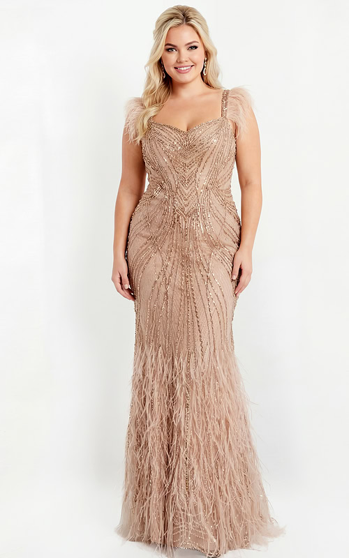 plus size beaded evening gown with feather straps