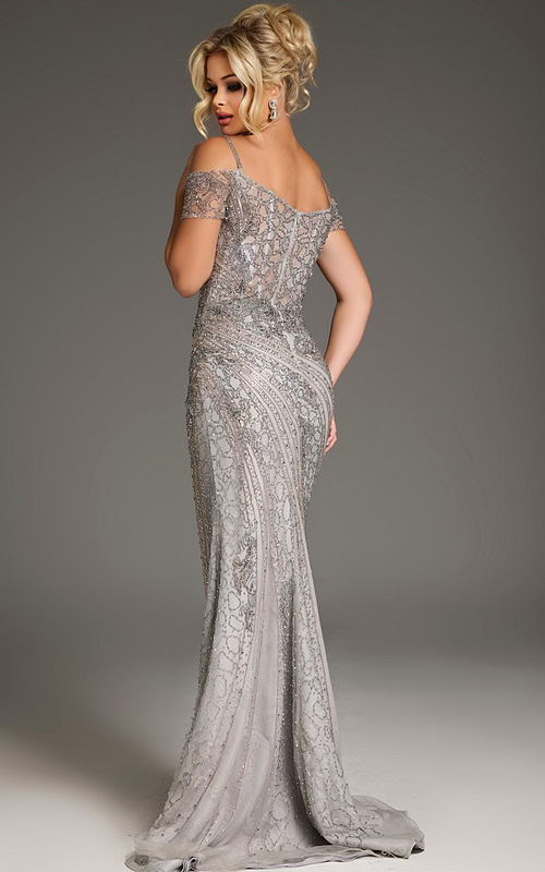 Model wearing Jovani 39175 silver dress, viewed from the back, highlighting the elegant silhouette and intricate details.