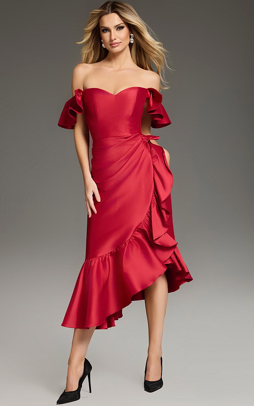 Model wearing Jovani 39264 elegant red dress with ruffled off-the-shoulder sleeves and high-low hem