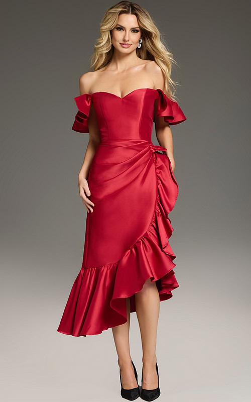 Model wearing Jovani 39264 red dress showcasing off-the-shoulder neckline and ruffles