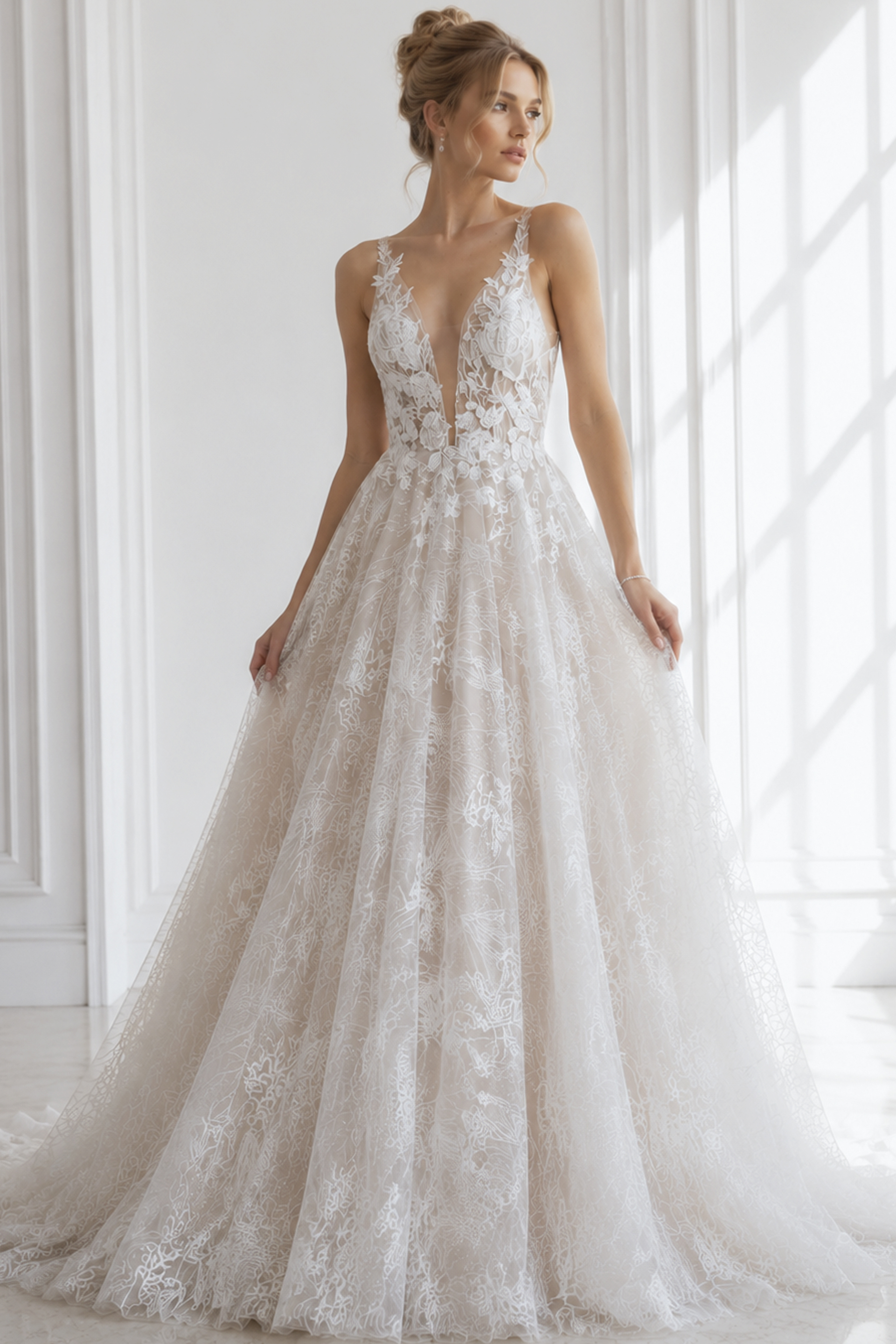 plunging floral lace mermaid wedding gown with sheer corset bodice and fitted silhouette