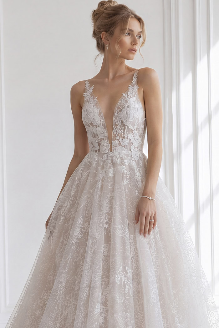 Sleeveless illusion lace floral A-line bridal gown with deep V neckline and soft layered skirt