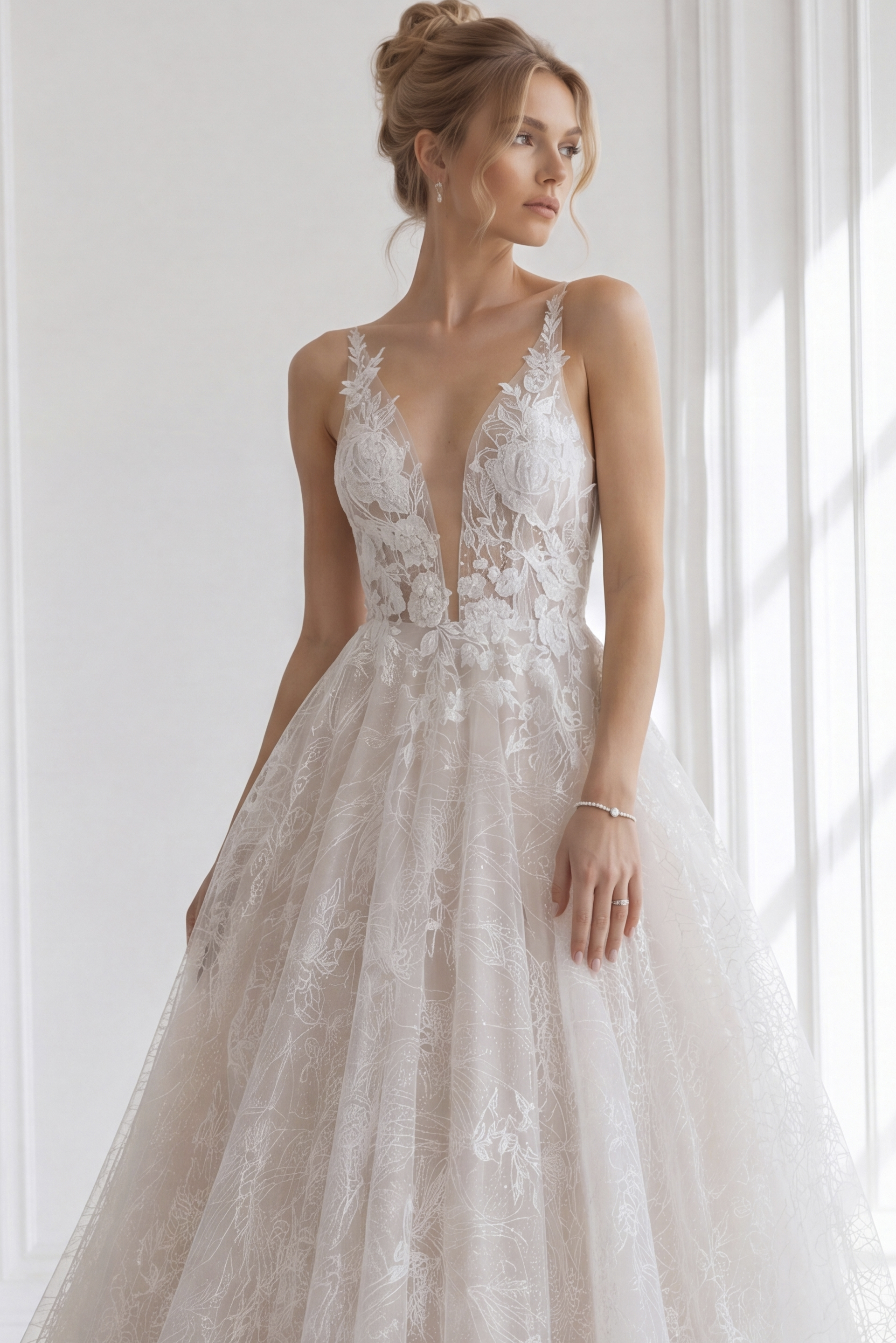 Sleeveless illusion lace floral A-line bridal gown with deep V neckline and soft layered skirt