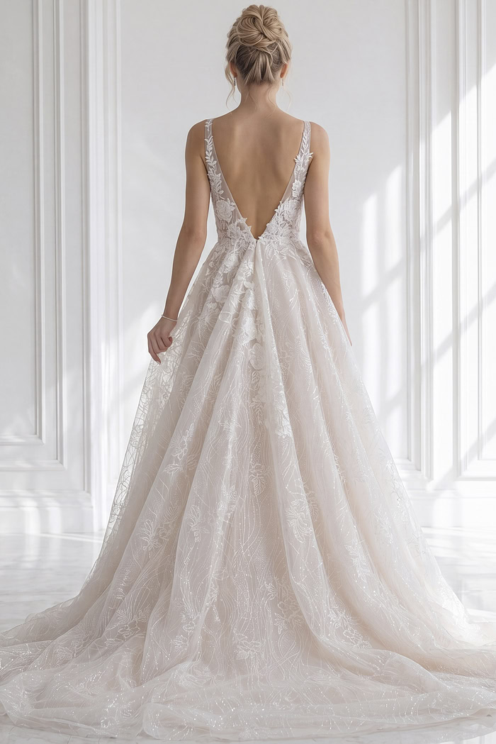 Backless spaghetti strap floral lace bridal gown with fitted silhouette and button detail back closure