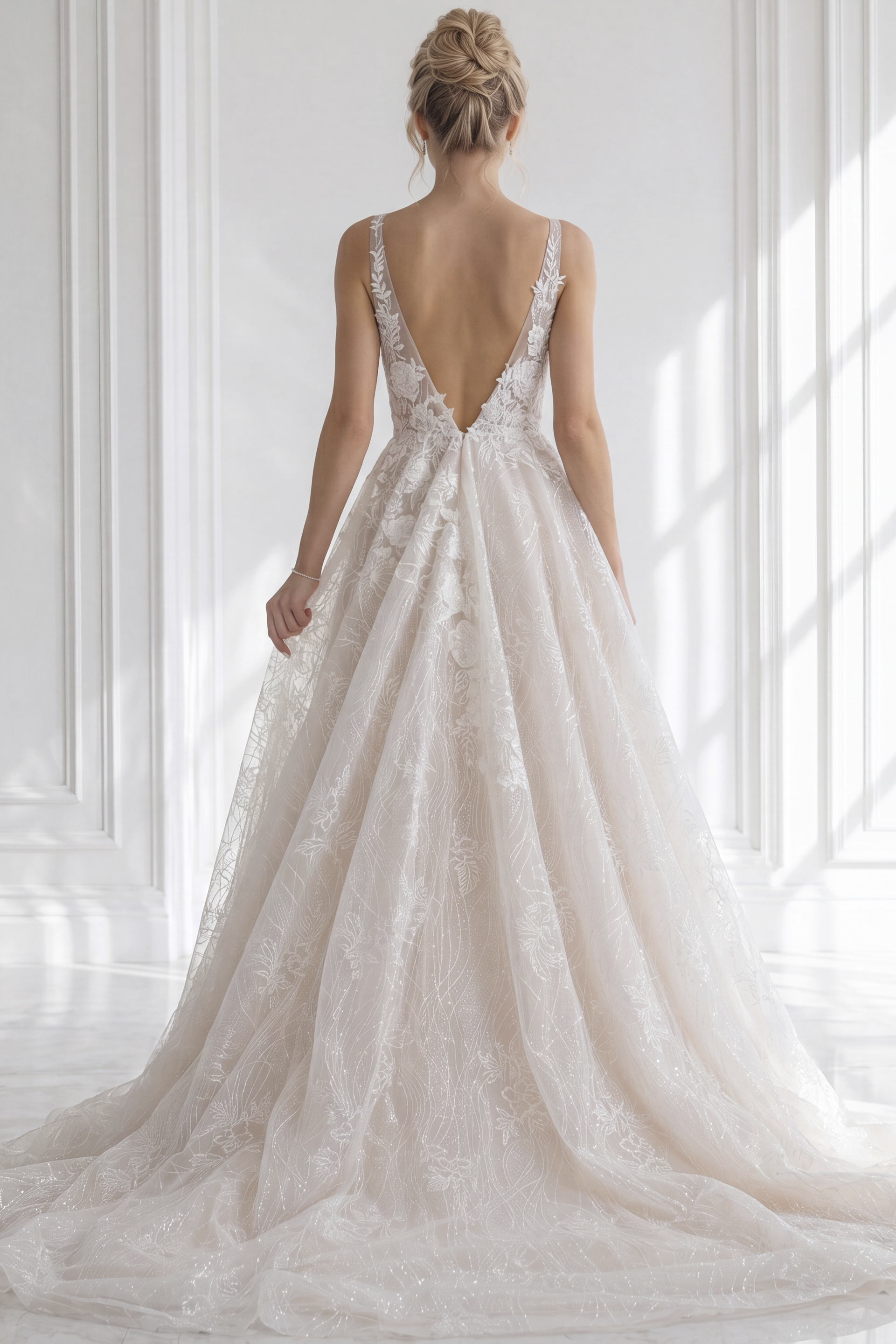 Backless spaghetti strap floral lace bridal gown with fitted silhouette and button detail back closure