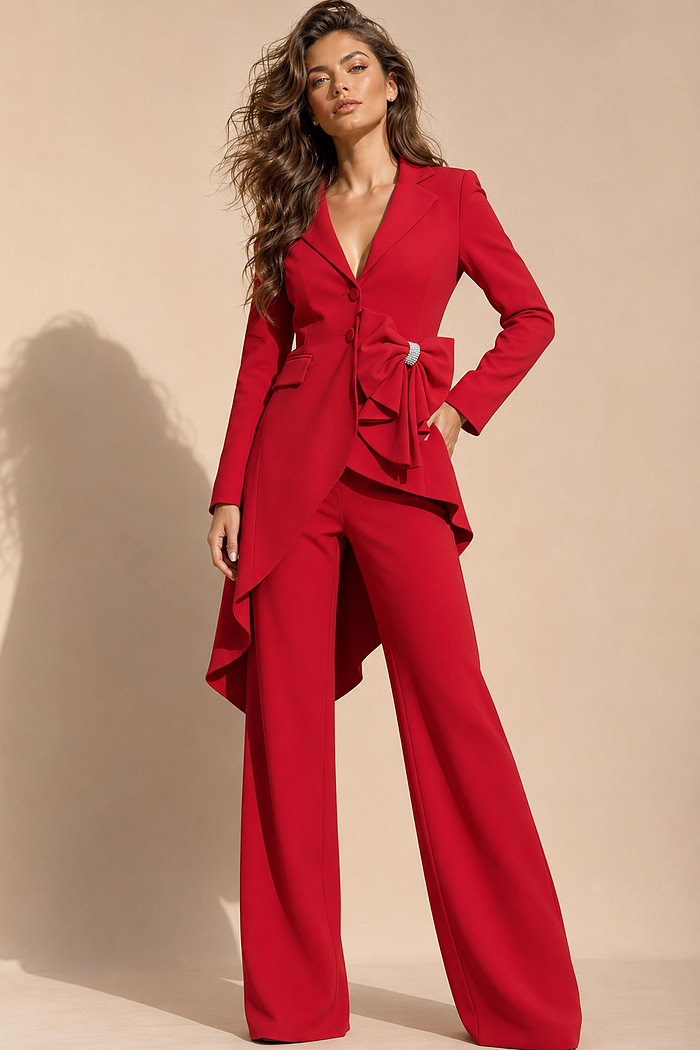red blazer style floor-length dress with deep V-neck, asymmetric ruffled bow, and high-low hem
