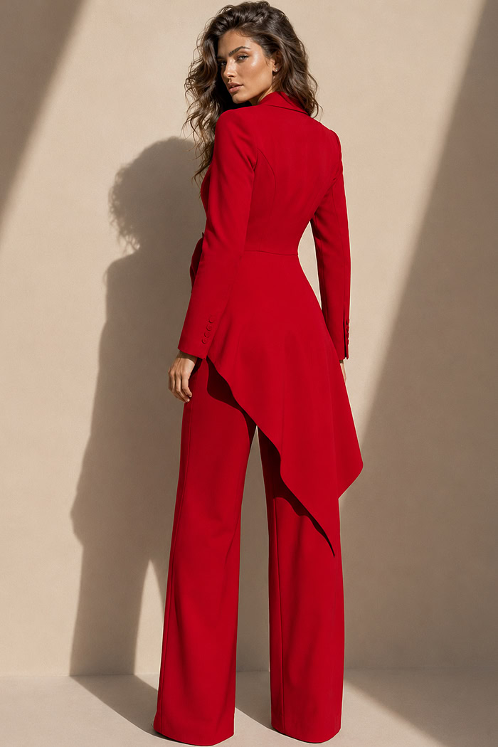 alternate view of red blazer style floor-length dress with deep V-neck, asymmetric ruffled bow, and high-low hem