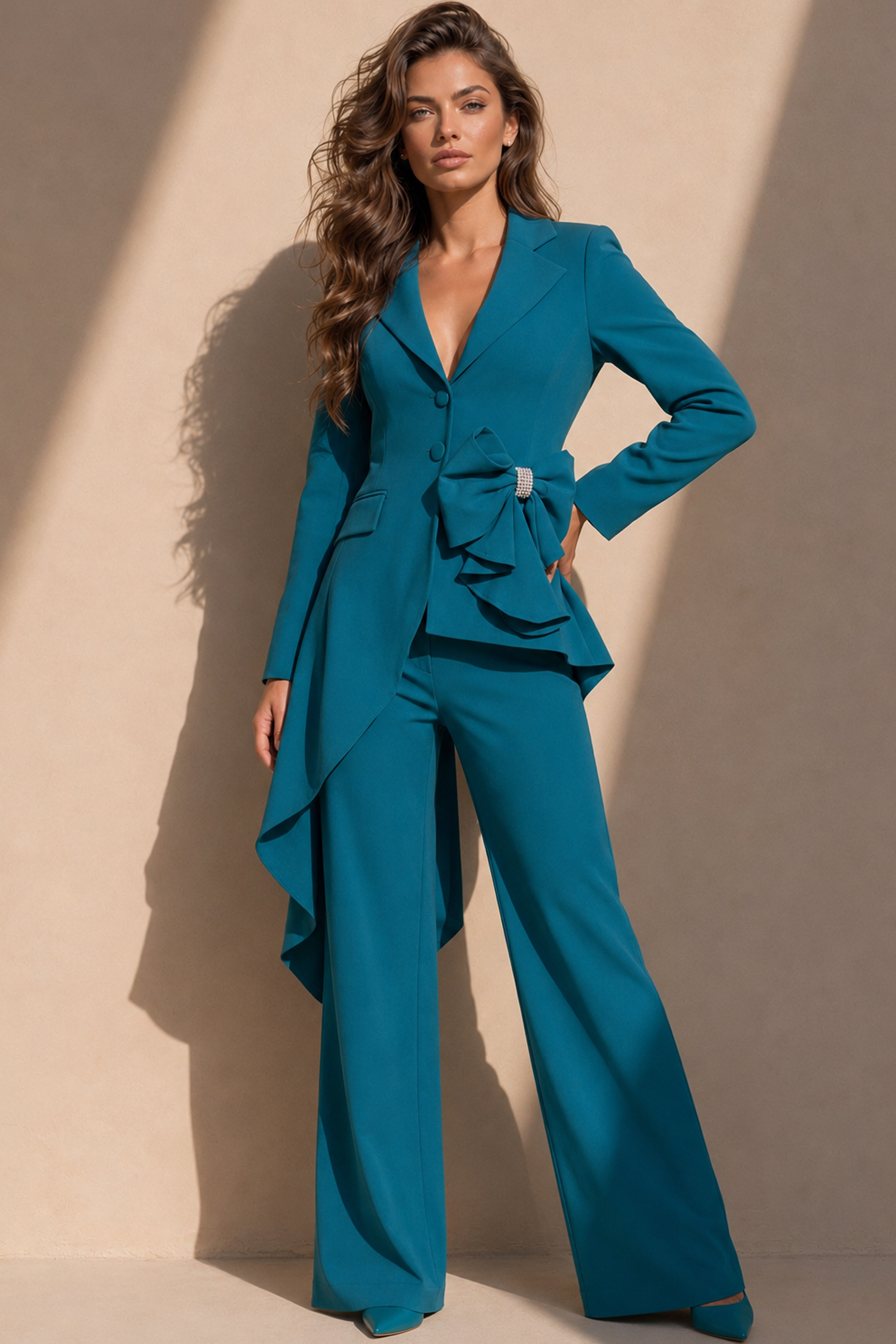 teal A-line floor-length dress with deep V-neck, asymmetrical hem, and rhinestone bow detail