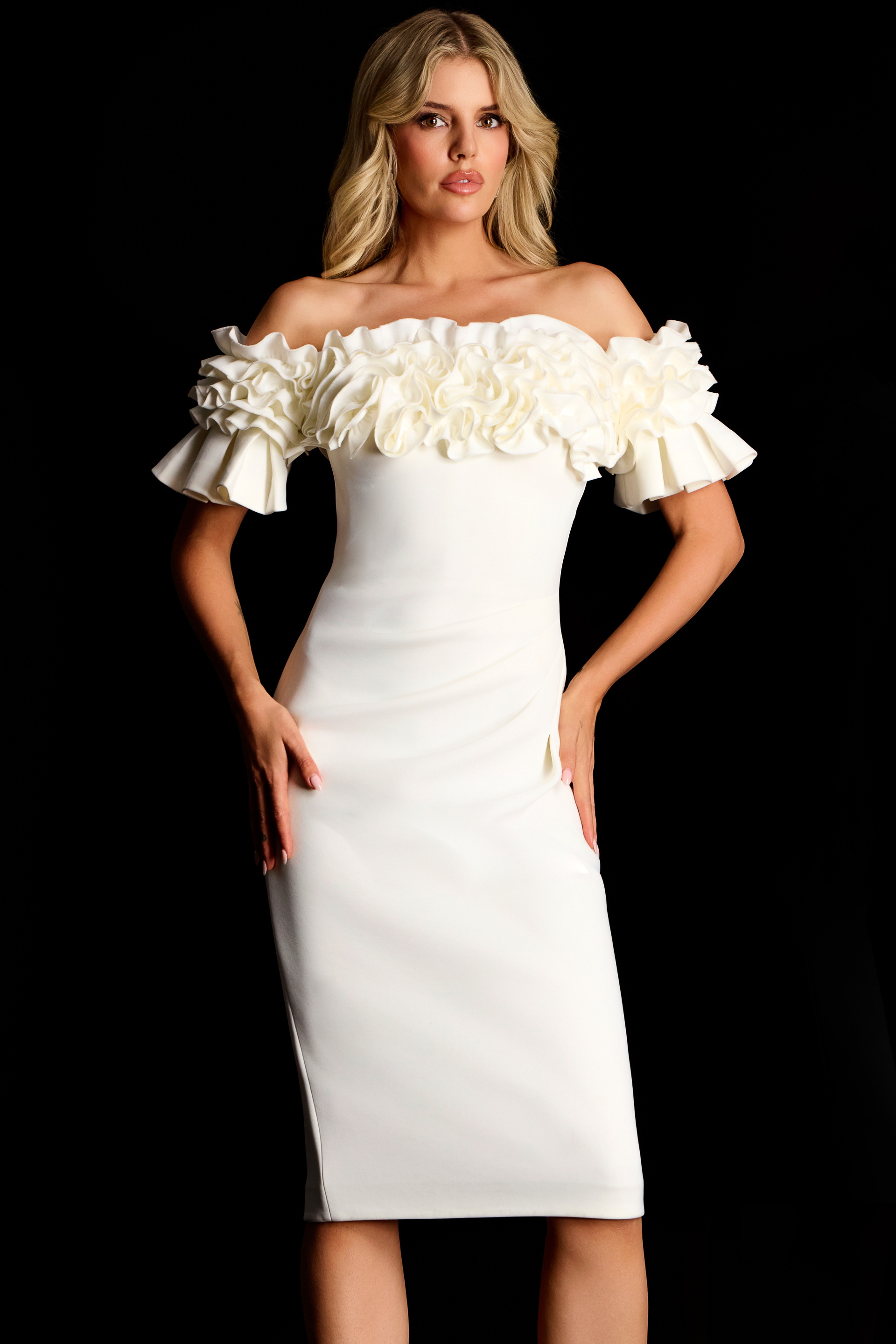 white ruffled neck short dress 39752