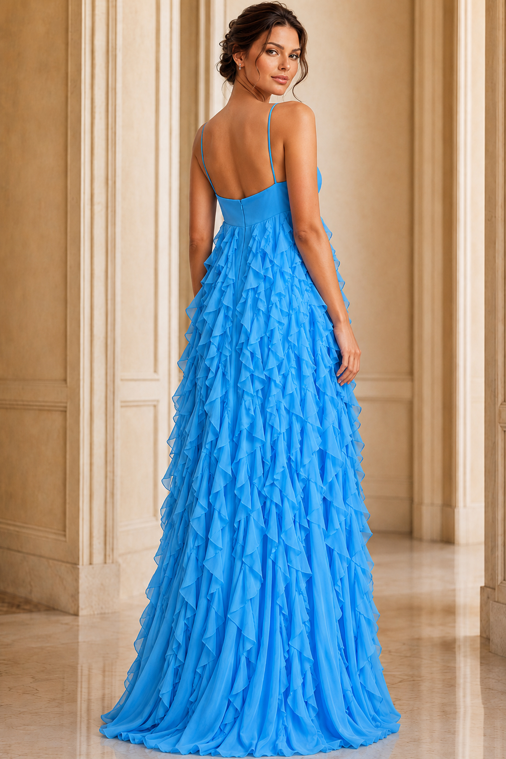 back of blue ruffled dress with spaghetti strap 39823