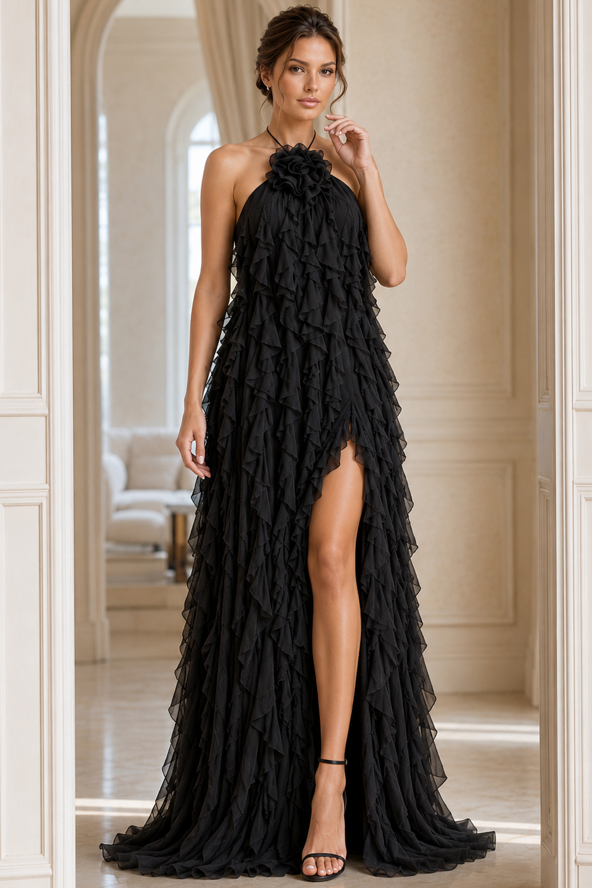 halter neckline high slit black long dress 39823