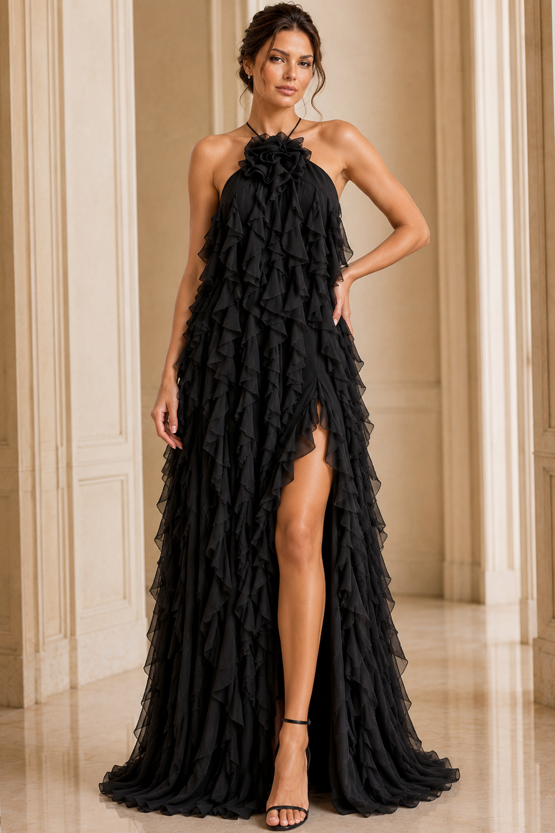 black fuffled halter neckline dress 39823