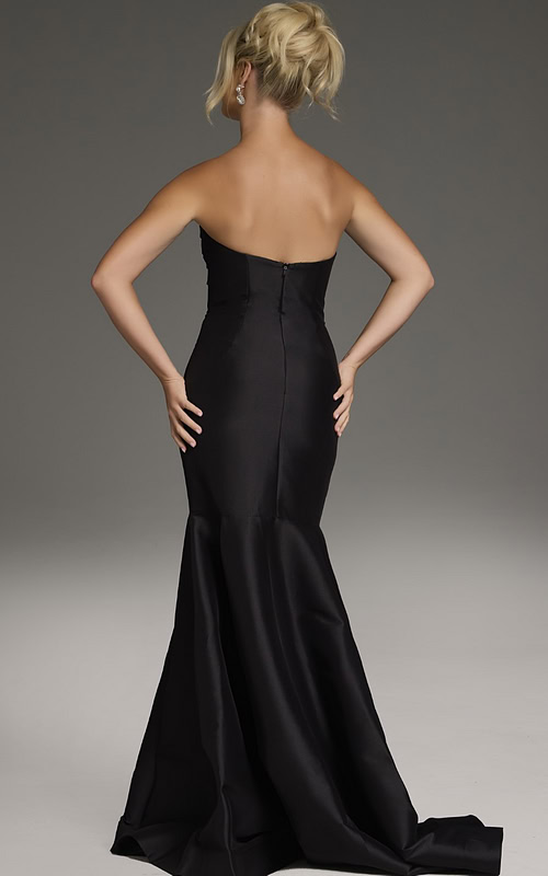 Model wearing Jovani 39872 black mermaid gown back view