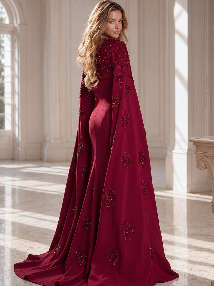 urgundy evening gown featuring a fitted silhouette with a dramatic embellished cape.
