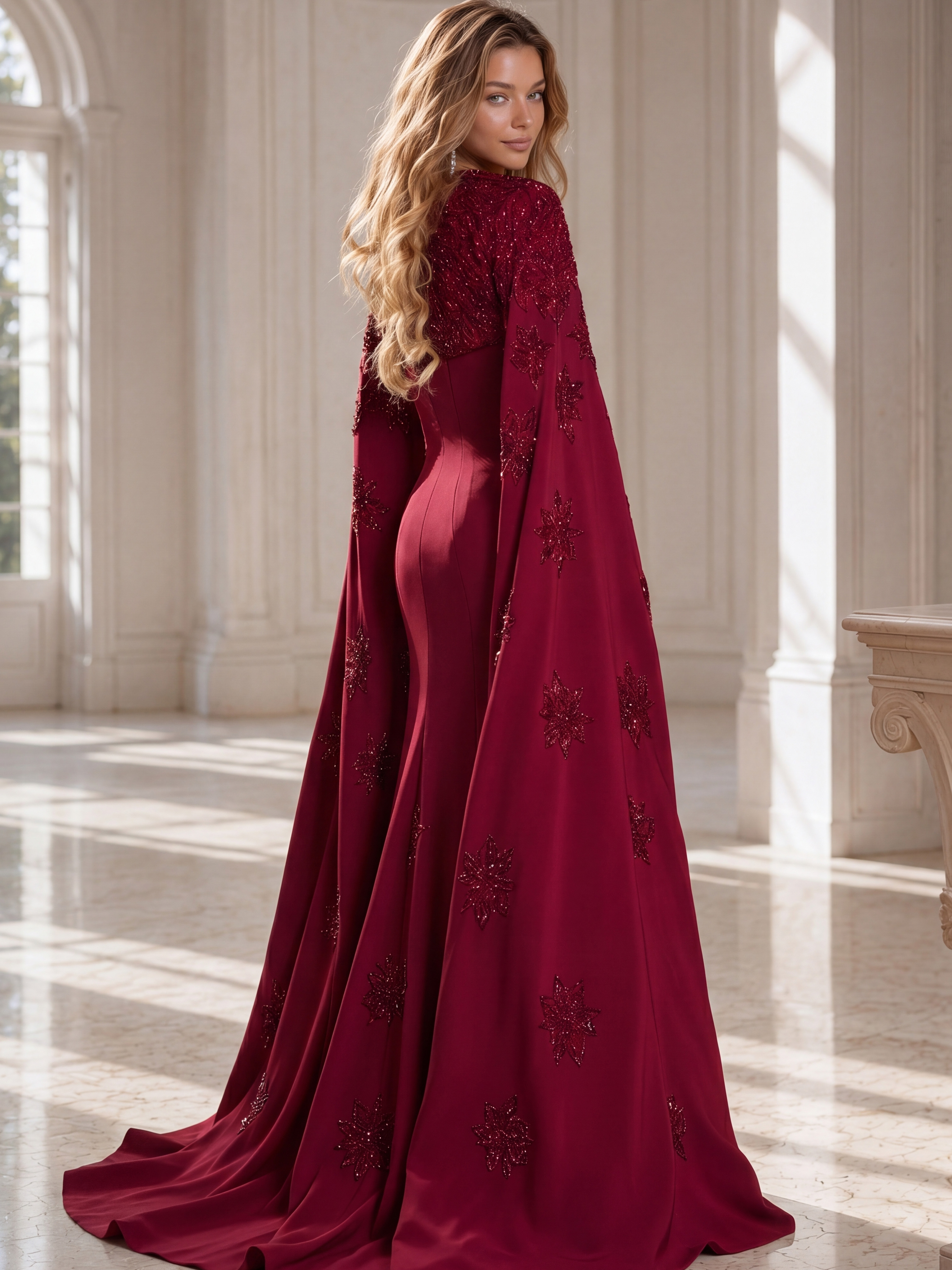 urgundy evening gown featuring a fitted silhouette with a dramatic embellished cape.