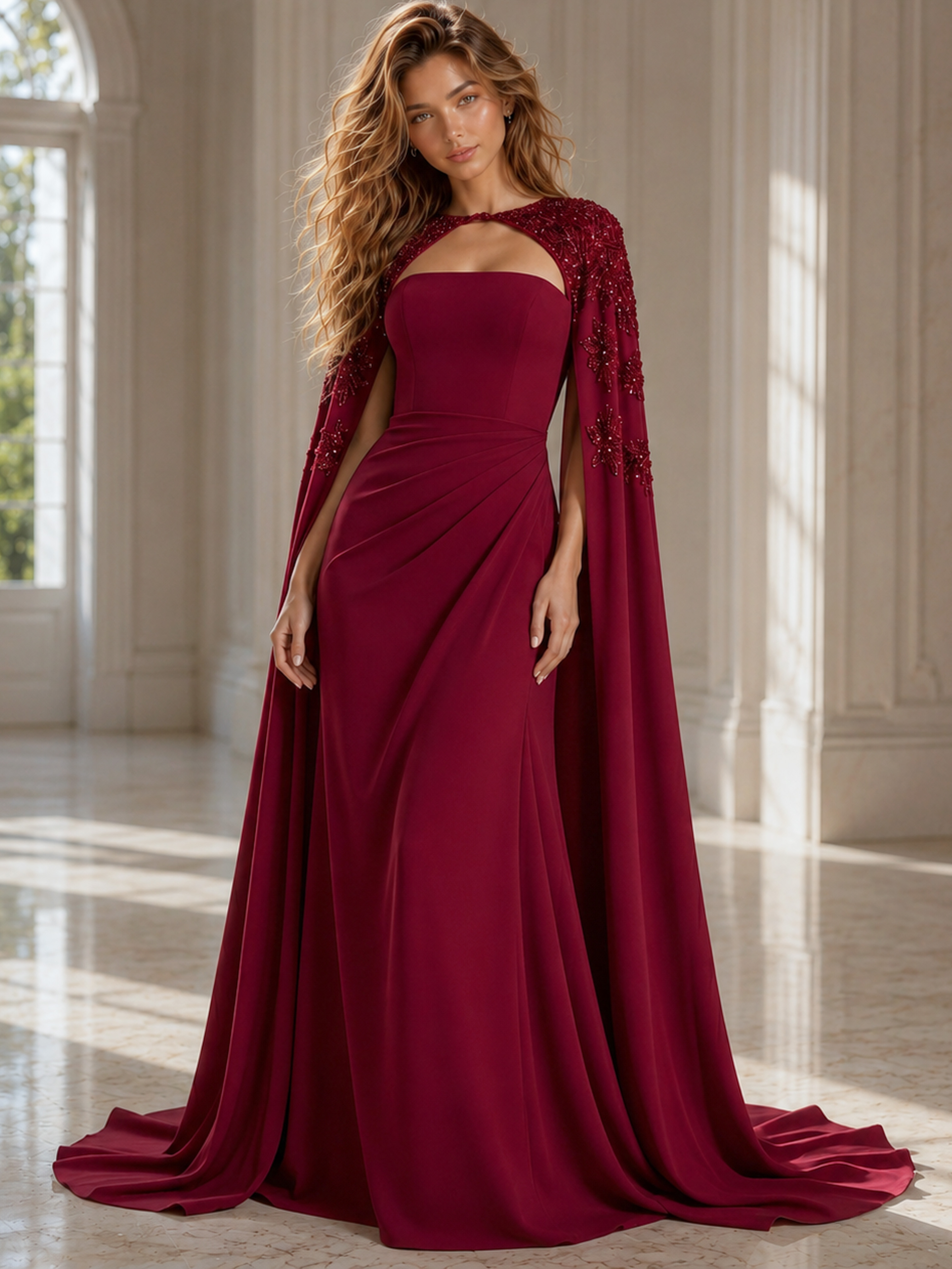 burgundy evening gown featuring a strapless fitted silhouette with soft draped ruching