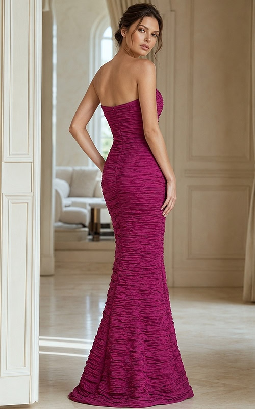 back of mermaid sleeveless fuchsia strapless dress 40045