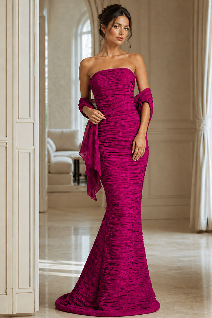 strapless ruched mermaid dress with shawl 40045