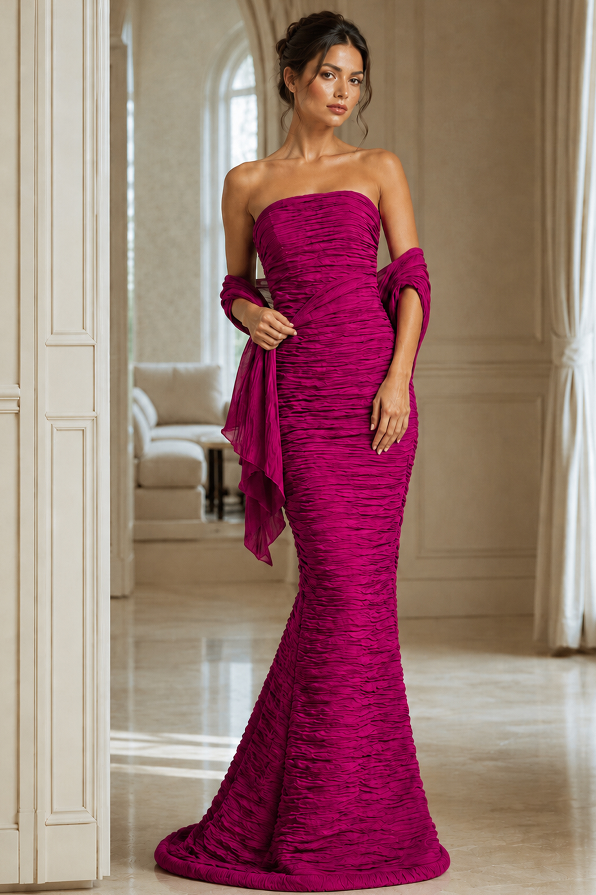 strapless ruched mermaid dress with shawl 40045
