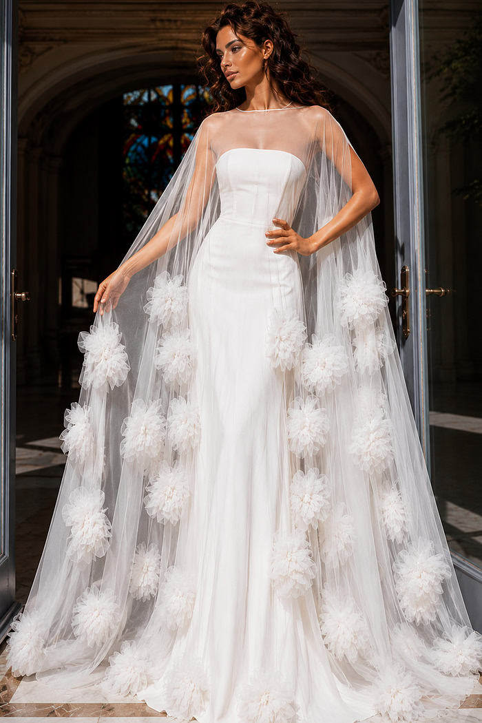 white strapless beaded bodice dress with sheer ovelay 40092