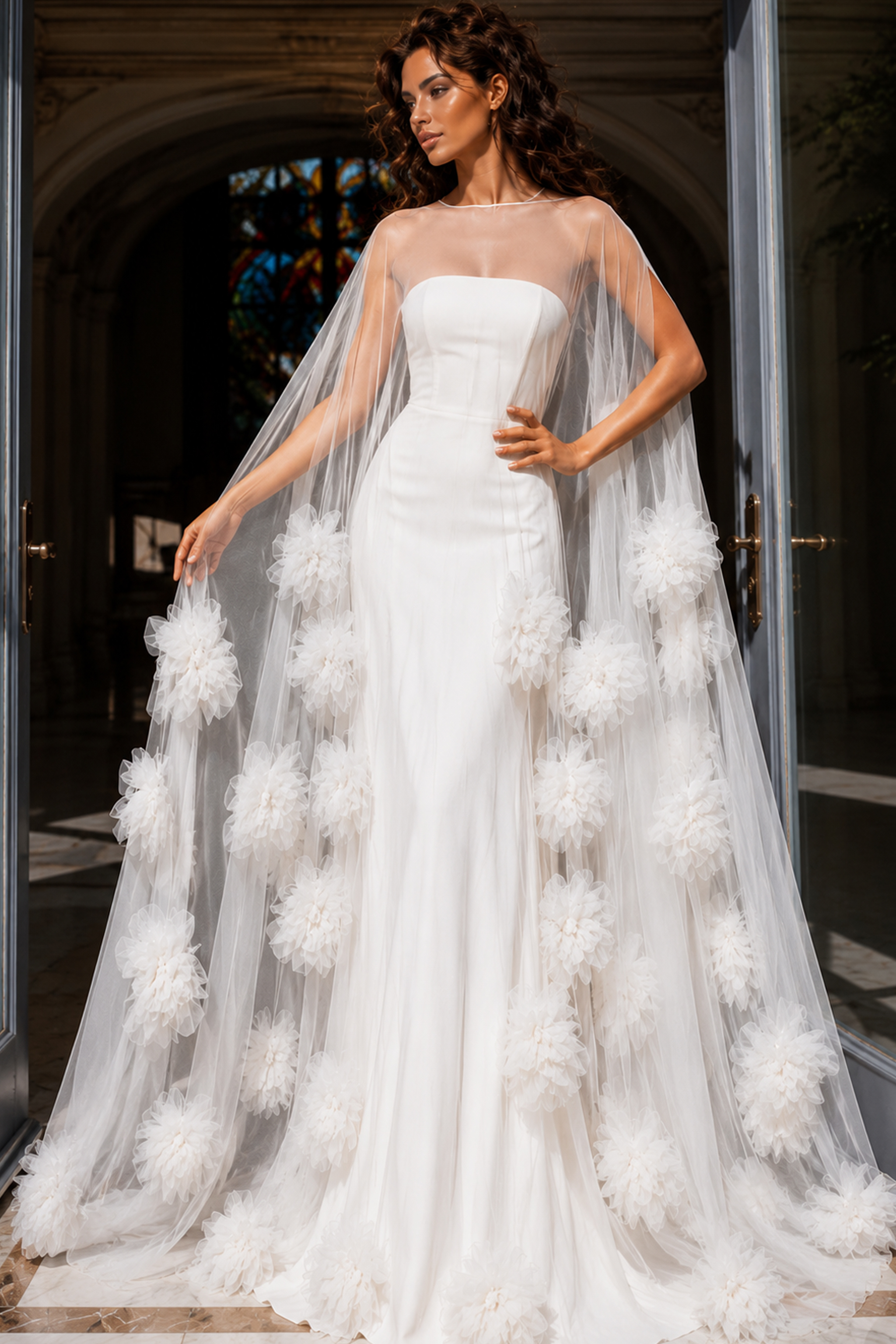 white strapless beaded bodice dress with sheer ovelay 40092