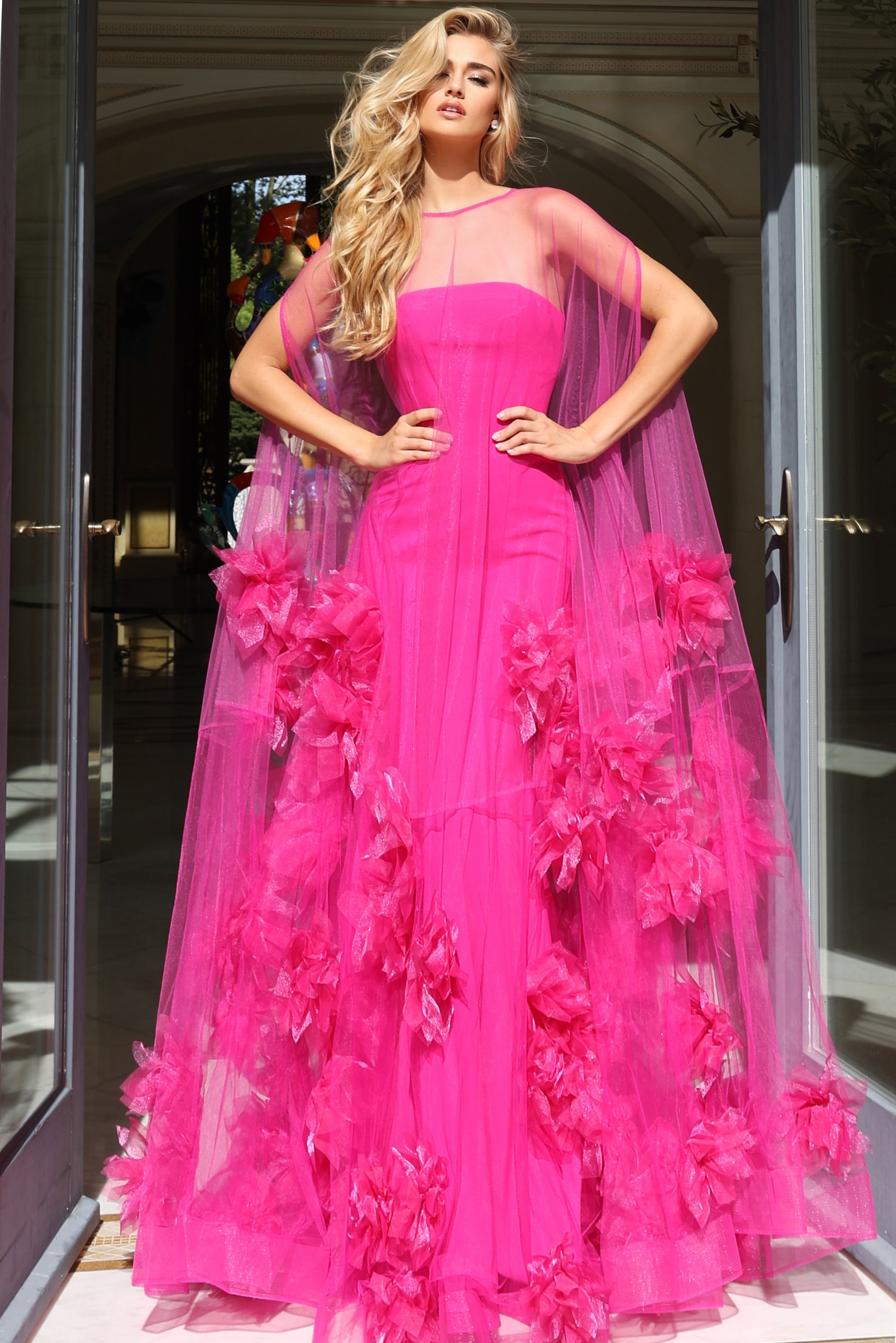 Yellow Tulle Strapless Gown with Floral Appliqués 40092 - Image 6