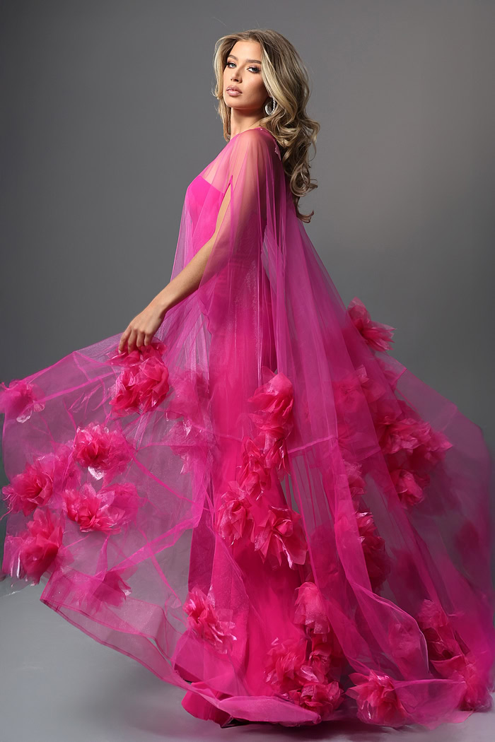 yellow tulle strapless gown with floral appliqués