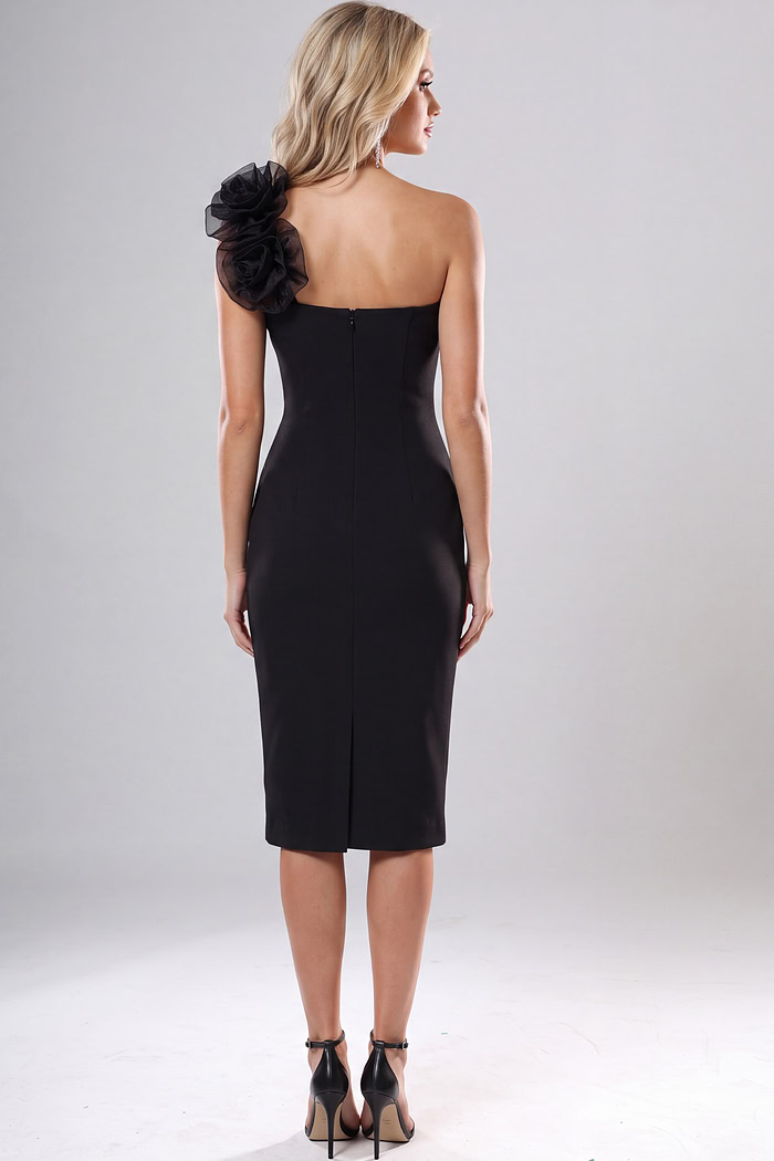 Black one shoulder midi dress with oversized floral appliqué detail and fitted silhouette