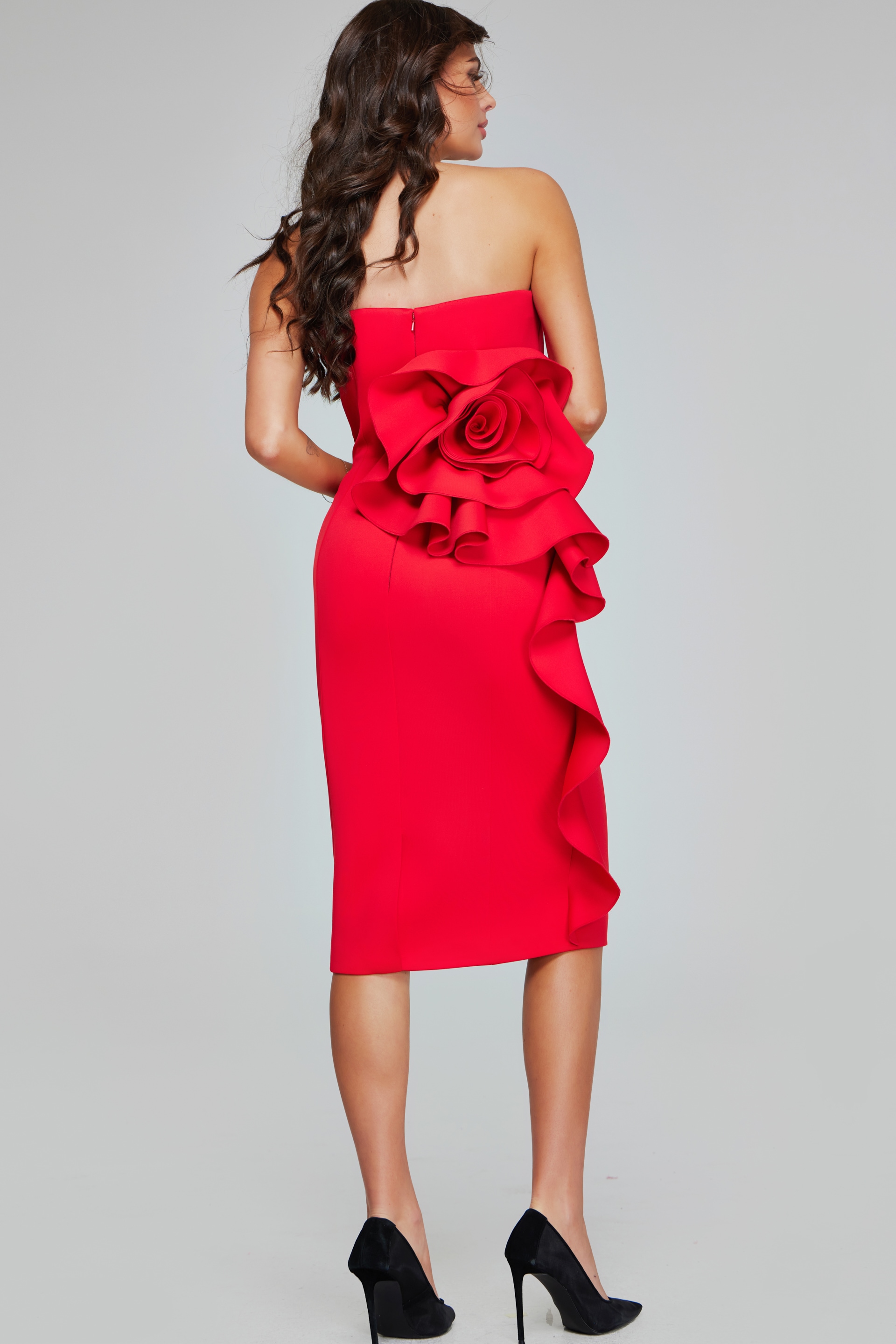 back view of Jovani 40097 red dress with rosette embellishment