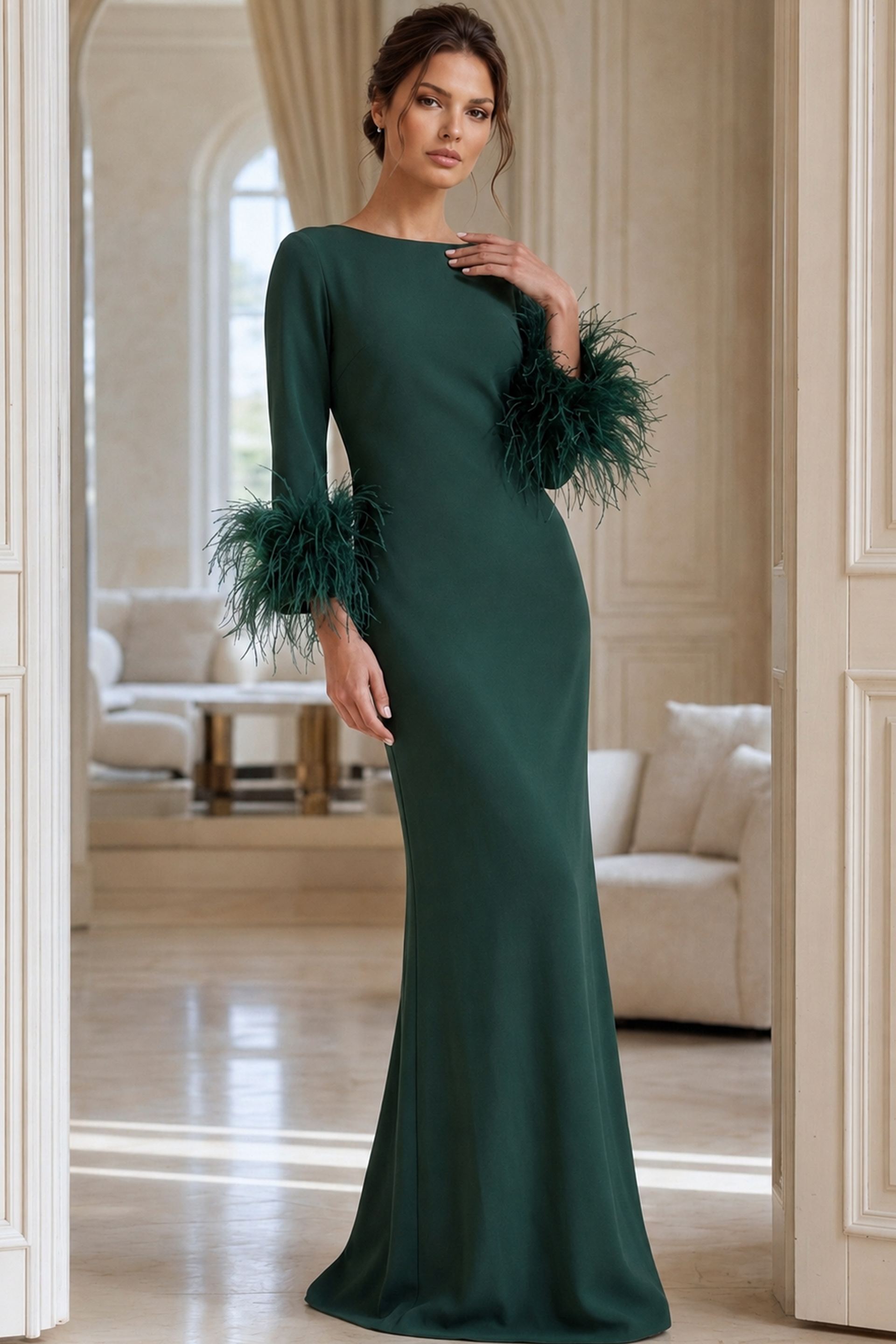 high neck long sleeves dress with feather 40200