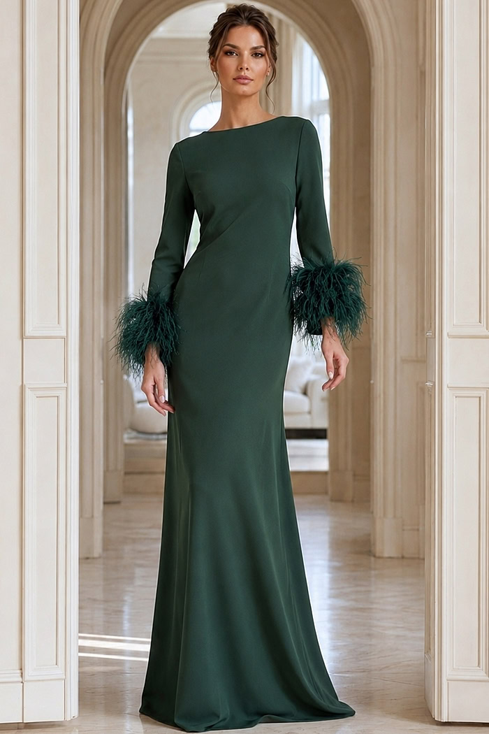 sheath green dress with long sleeves and high neck 40200