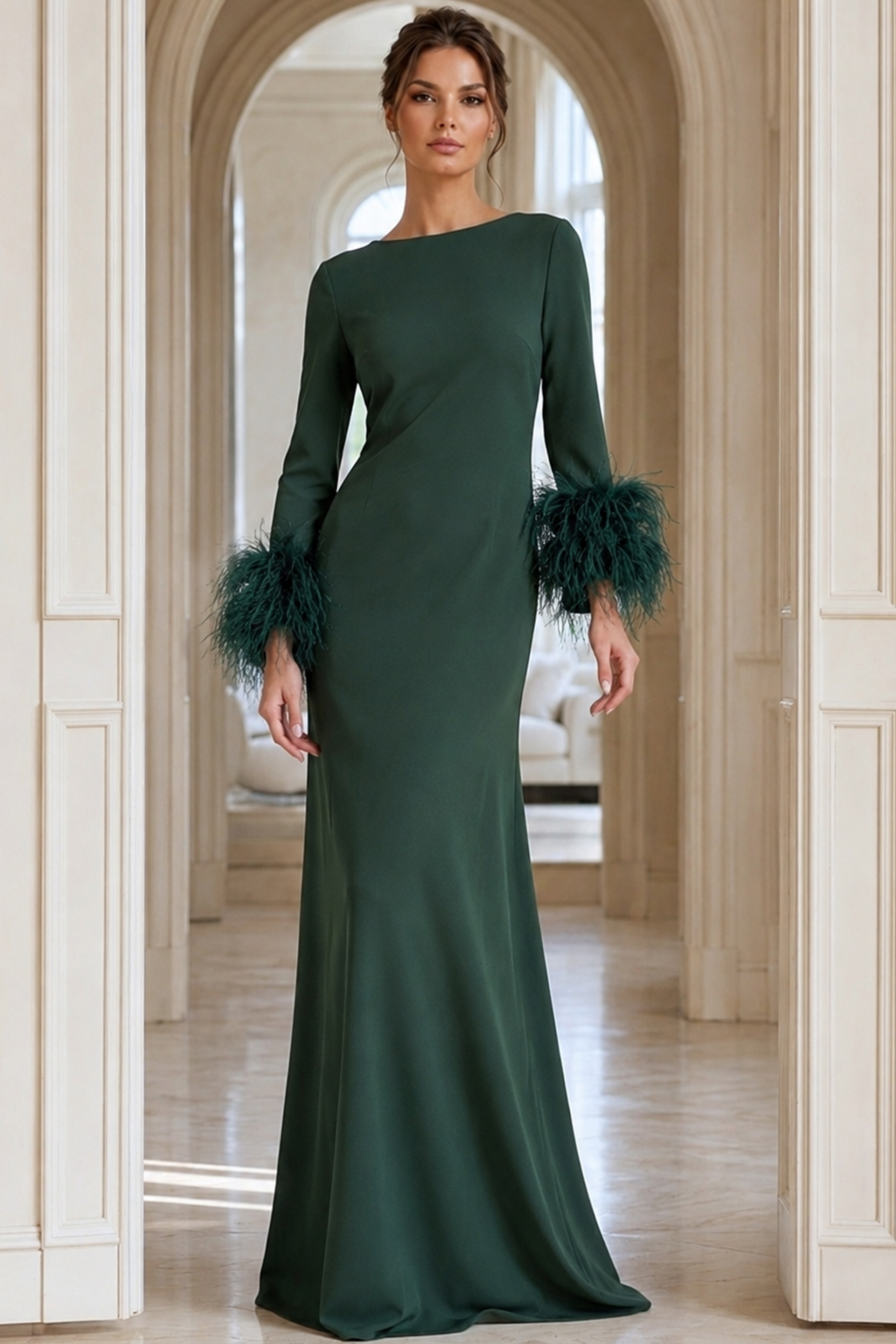 sheath green dress with long sleeves and high neck 40200