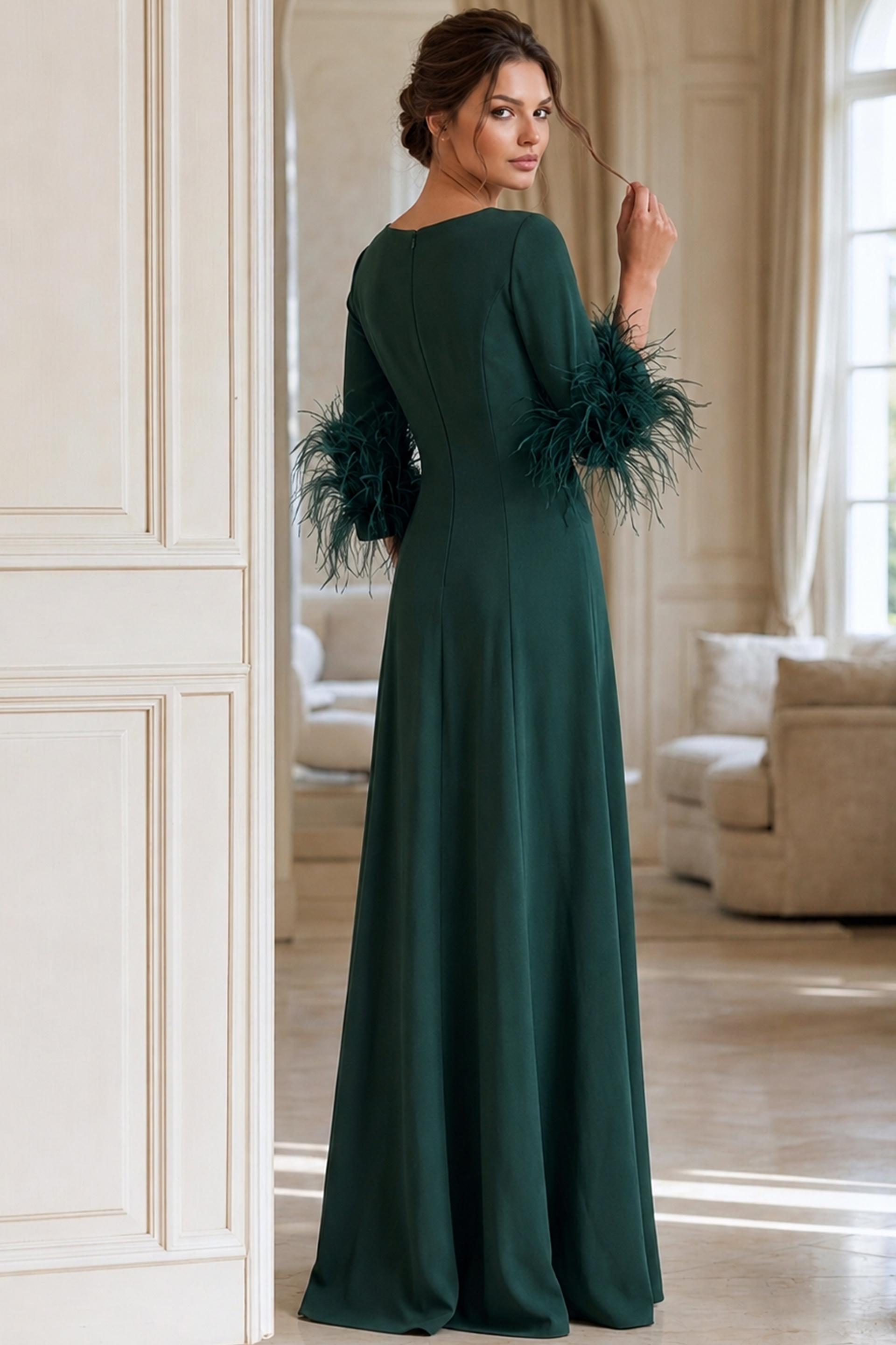back of long sleeve dress with feather sleeves 40200