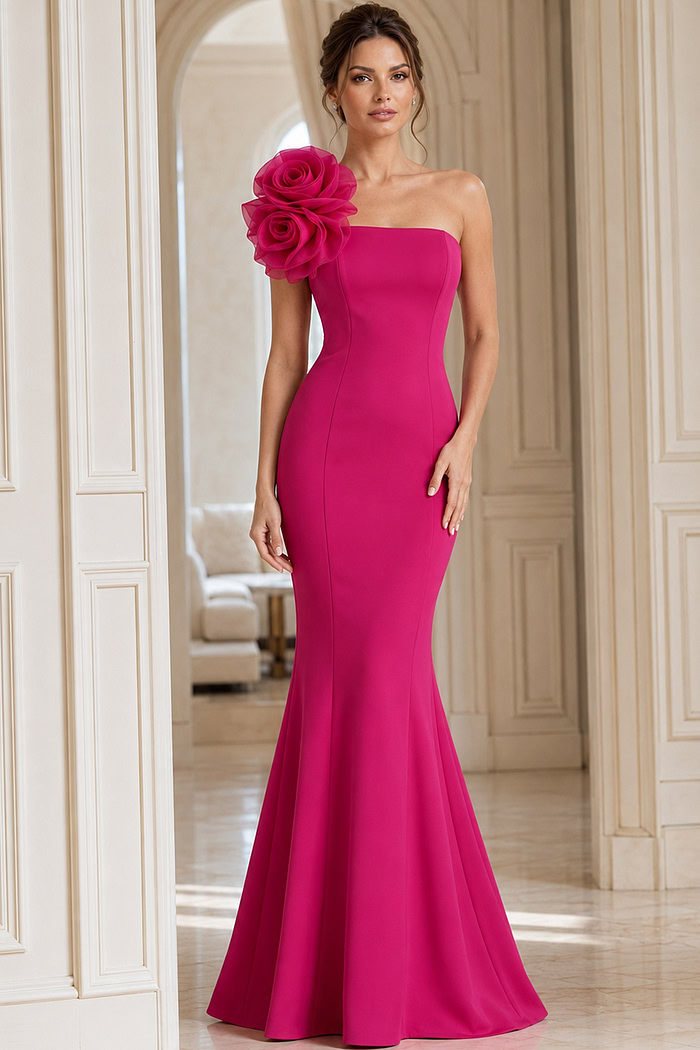 Strapless Fitted Formal Dress With Oversized Floral Accent