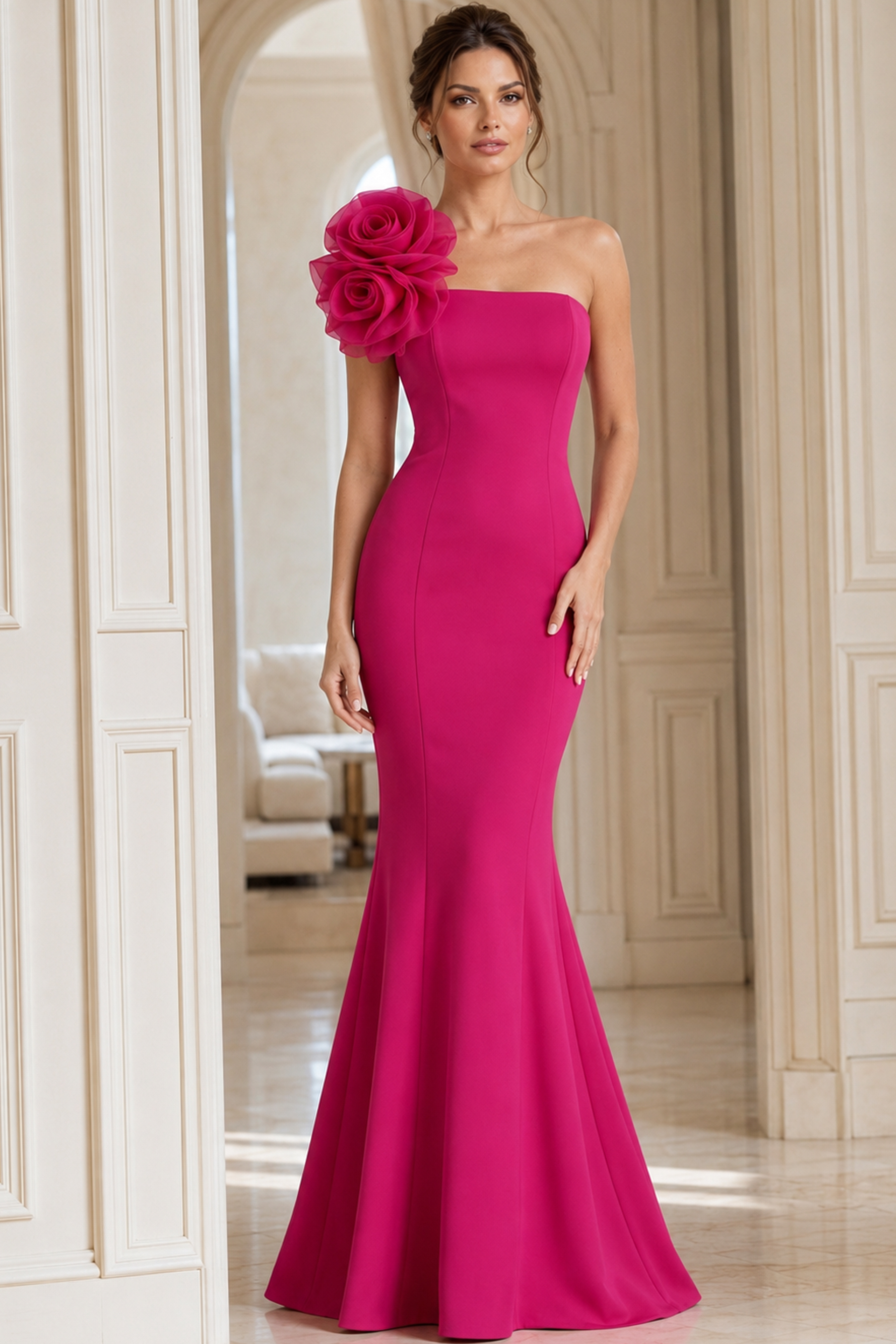 Strapless Fitted Formal Dress With Oversized Floral Accent