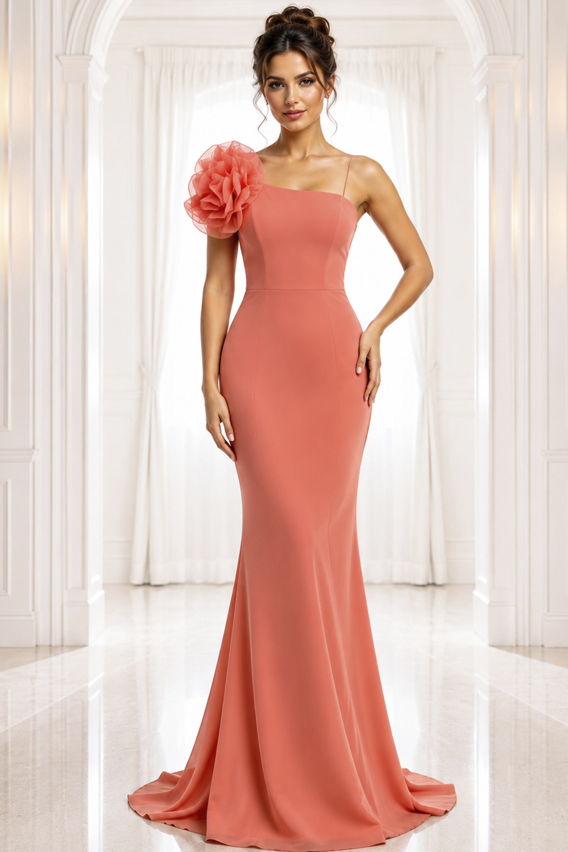 orange green one-shoulder gown with large floral accent - front full body, coral, one-shoulder, ruffled flower, mermaid silhouette