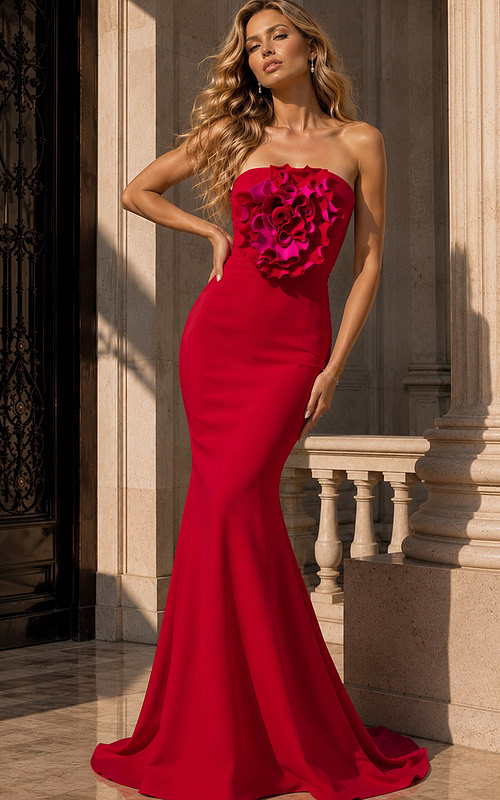 Elegant Fitted Formal Gown With Sculpted Floral Accent