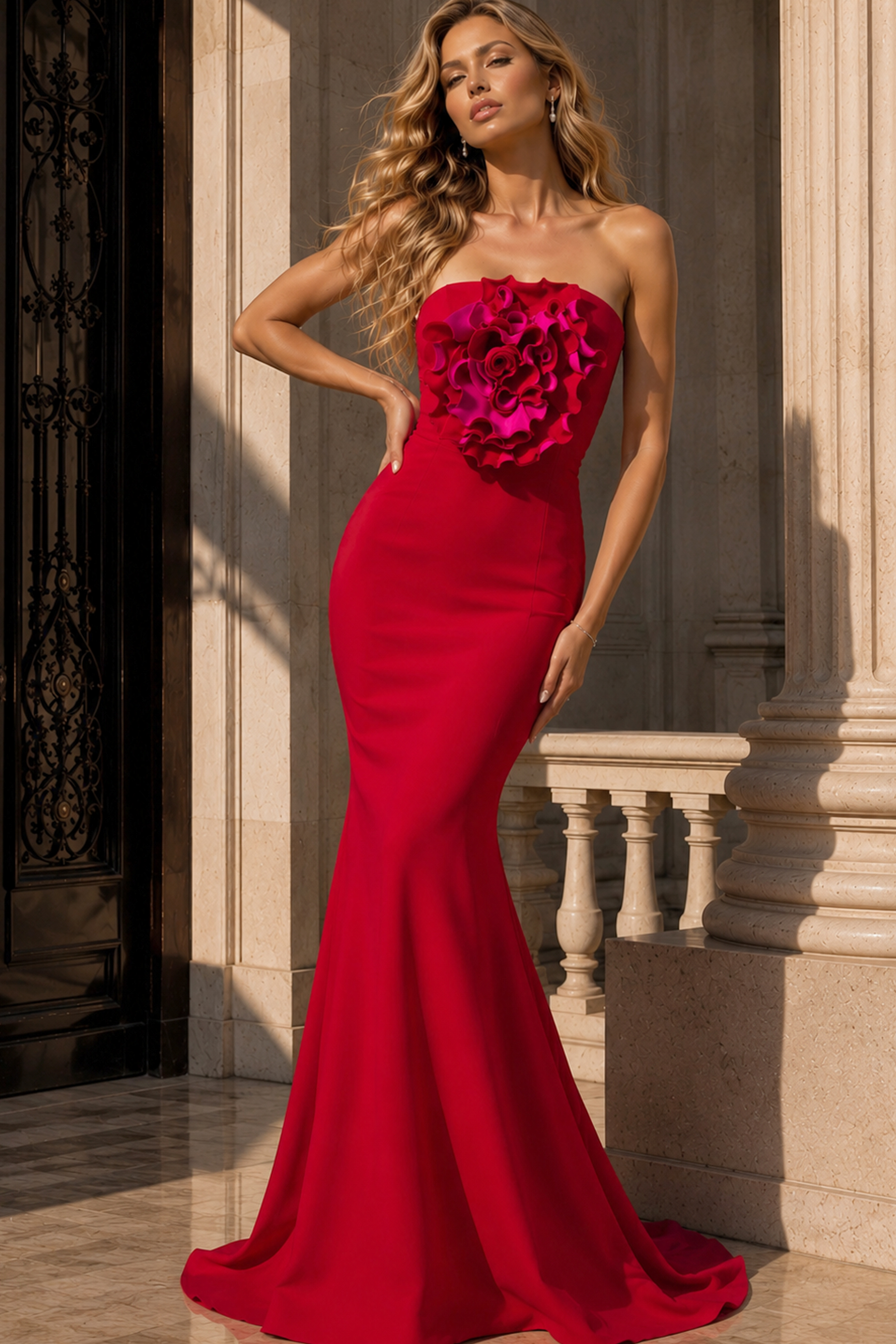 Elegant Fitted Formal Gown With Sculpted Floral Accent