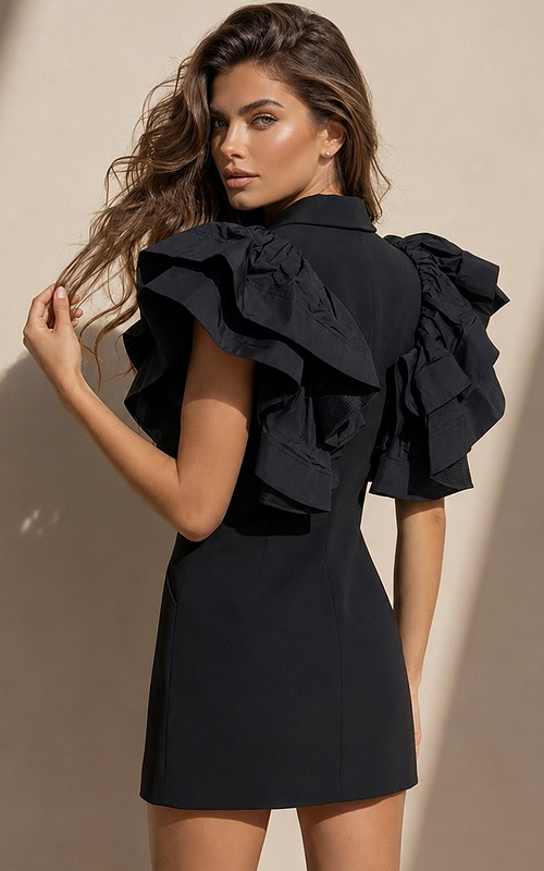 back view of black blazer mini dress with plunging V-neck, ruffle sleeves, and jeweled button