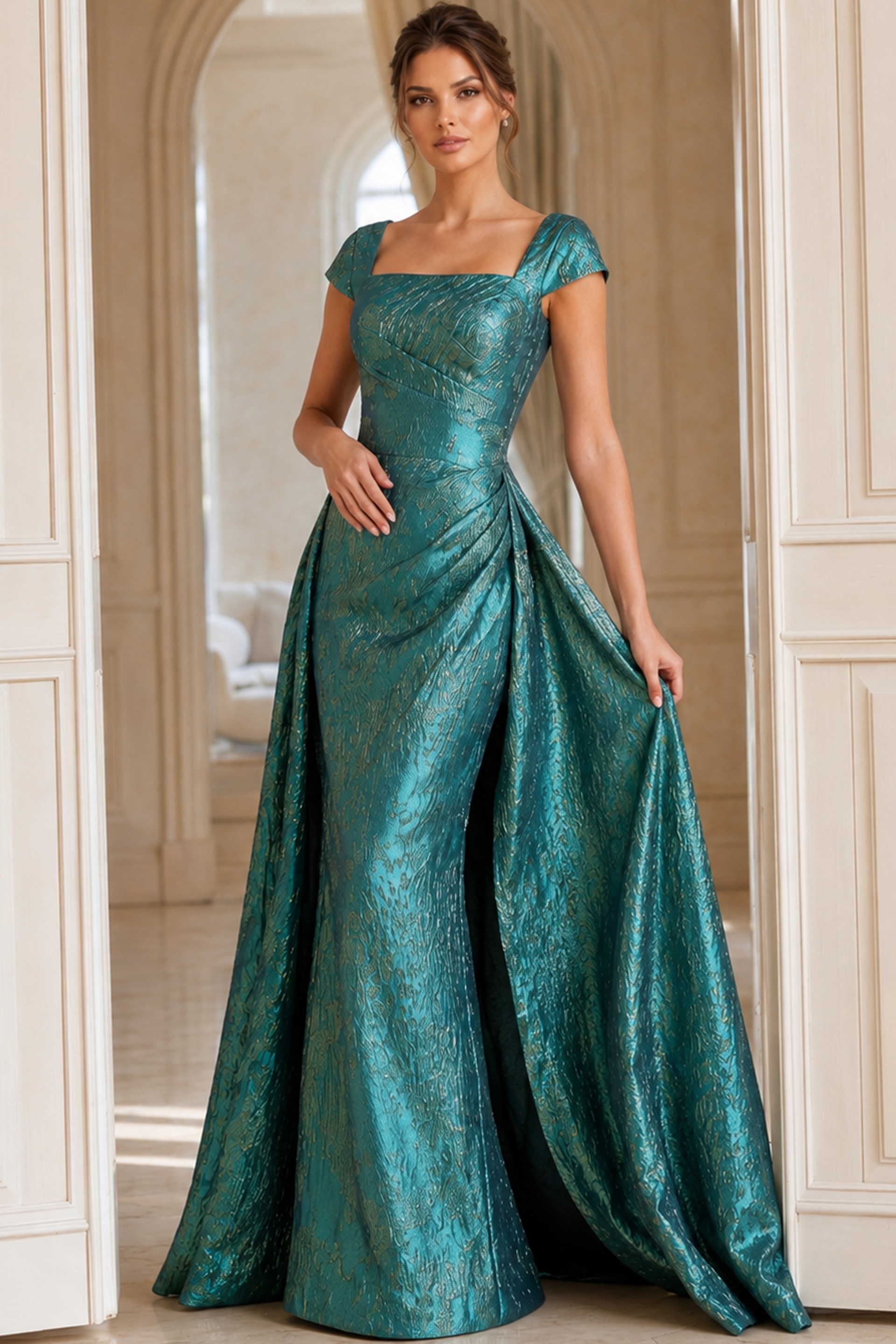 Designer Brocade Evening Gown With Draped Side Panels