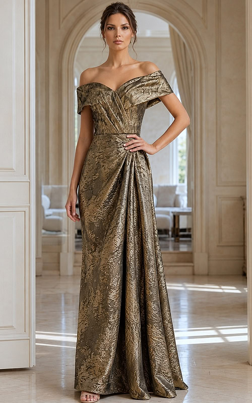 40296 Green Off-Shoulder Gown with Textured Fabric