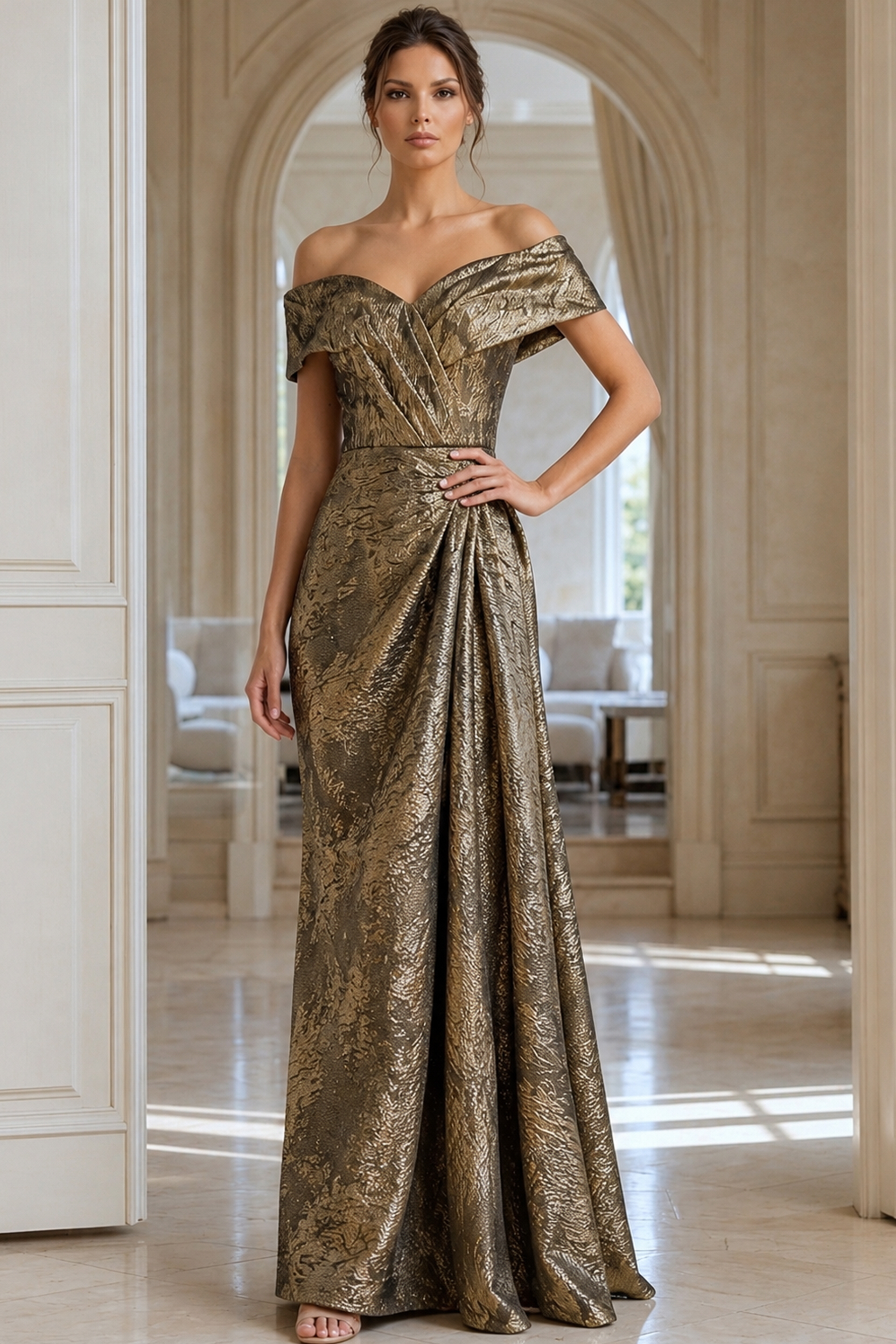 40296 Green Off-Shoulder Gown with Textured Fabric - Image 1