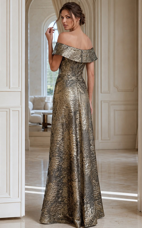 Off Shoulder Metallic Evening Gown With Draped Waist