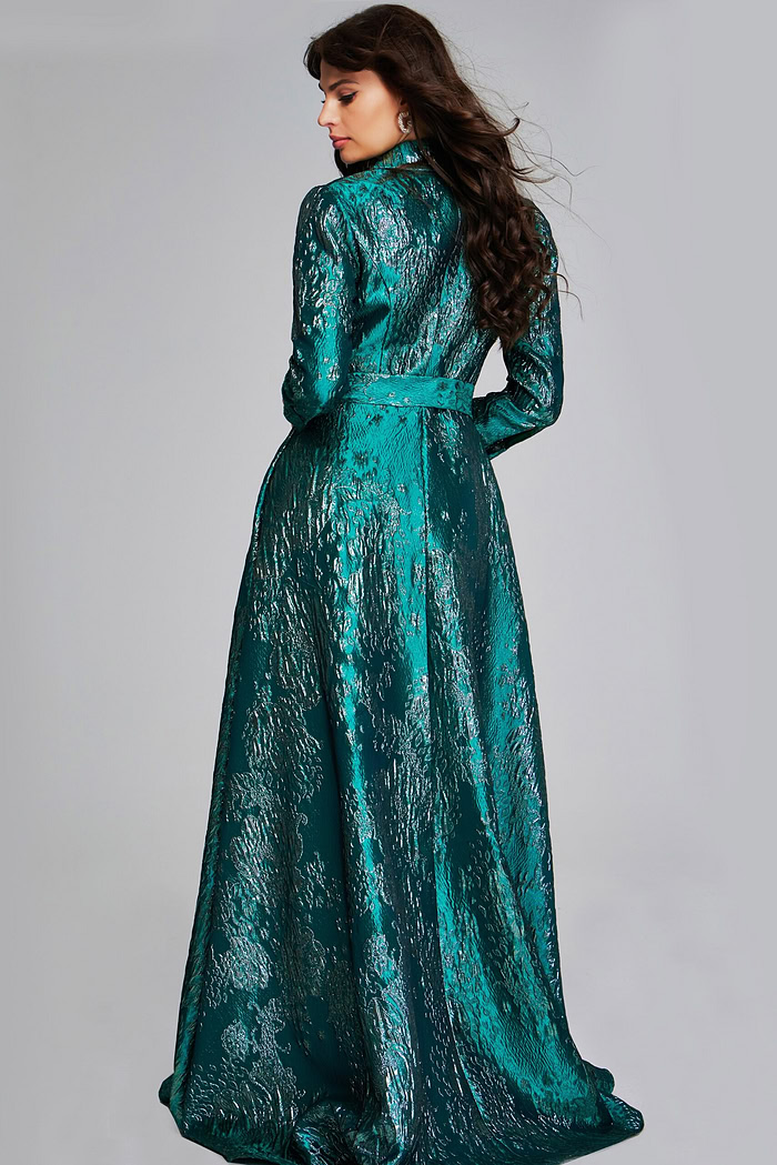 Model wearing GreenTextured Long-Sleeve Gown with Belt 40297