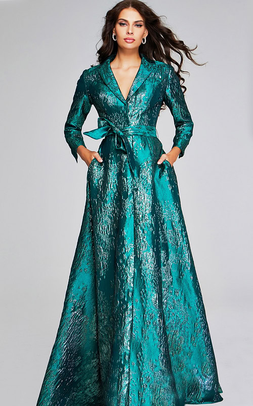 Model wearing GreenTextured Long-Sleeve Gown with Belt 40297