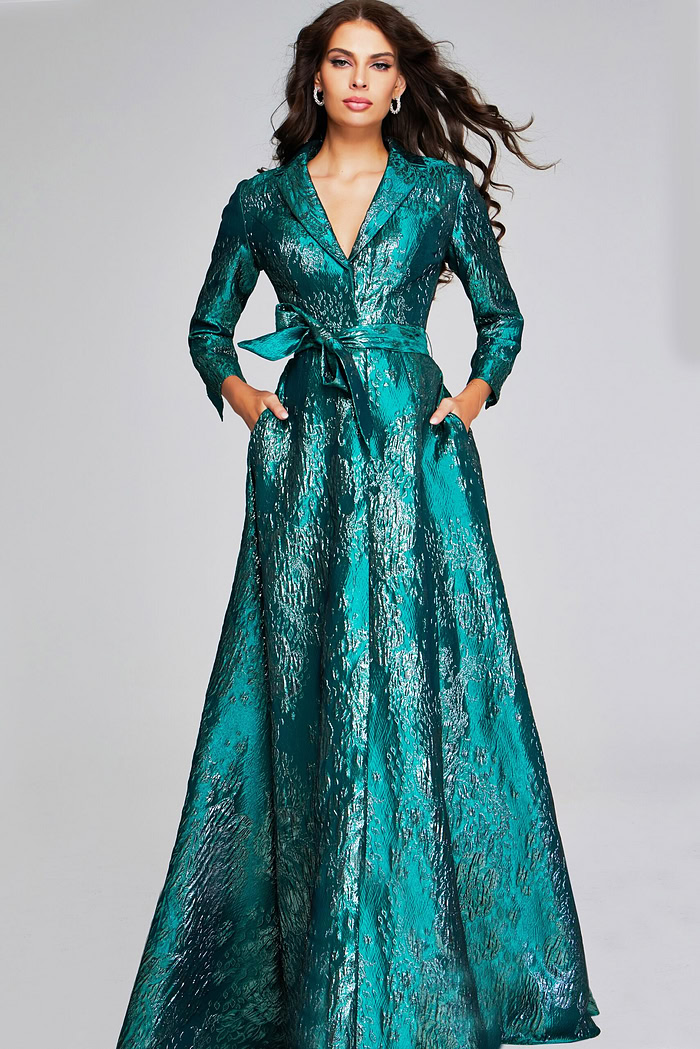 Model wearing GreenTextured Long-Sleeve Gown with Belt 40297