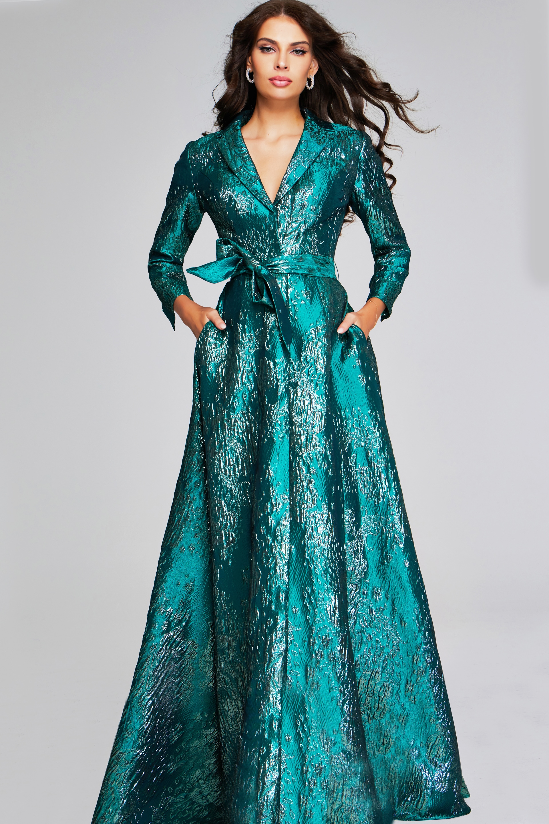 Model wearing GreenTextured Long-Sleeve Gown with Belt 40297