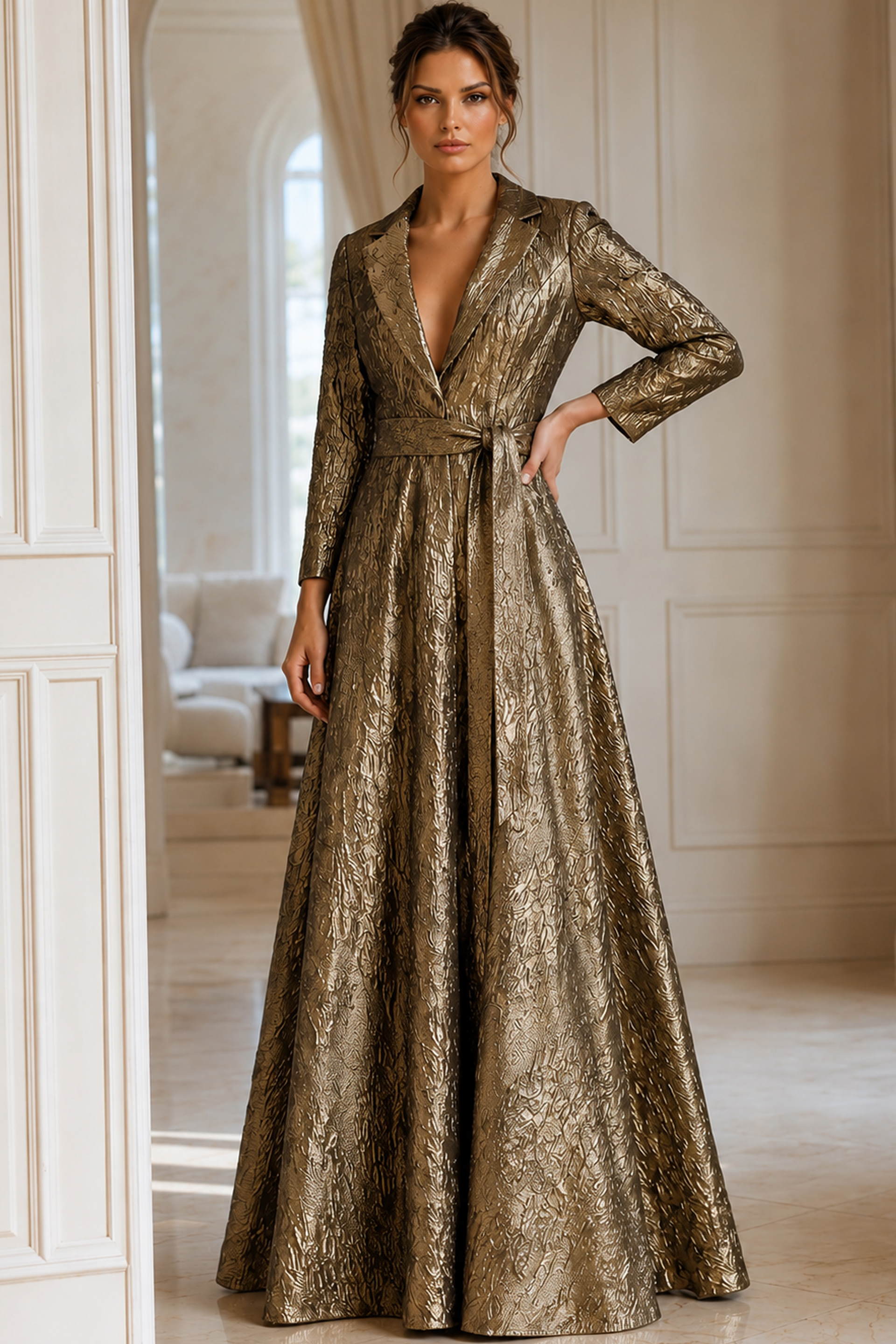 Metallic Jacquard Evening Gown With Blazer Style Bodice